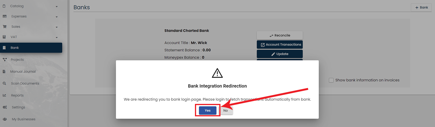 Bank integration confirmation