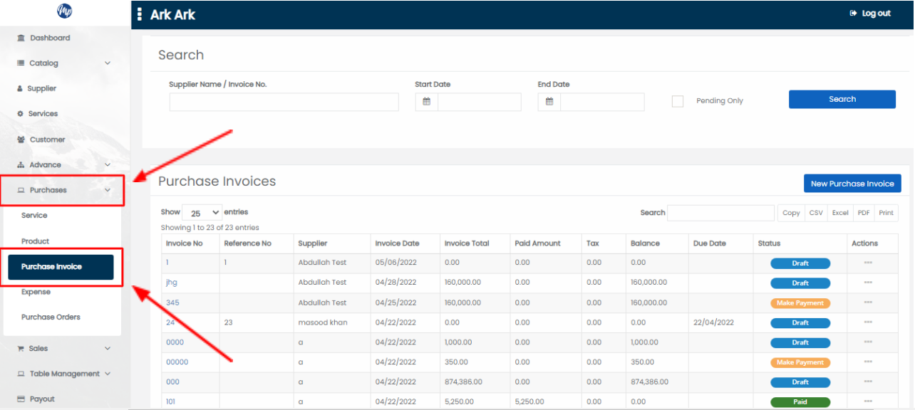 select purchase invoice from purchase