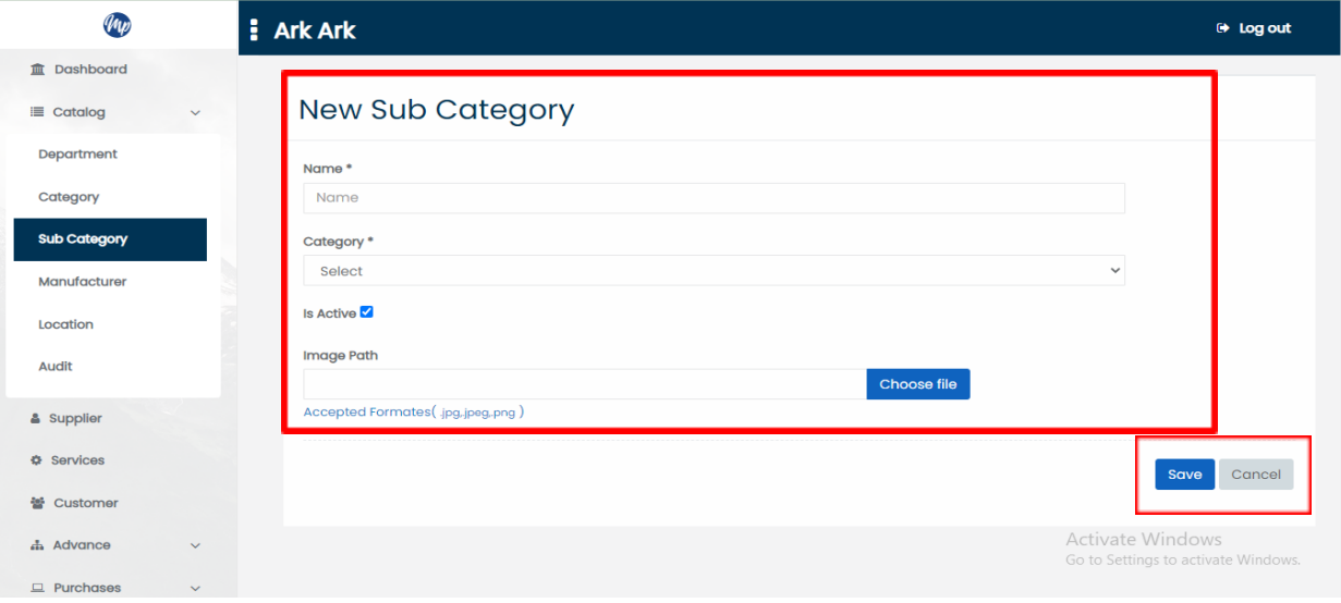 fill sub category information and save