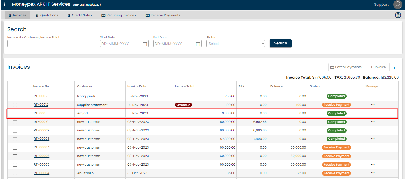 selecting invoice for email