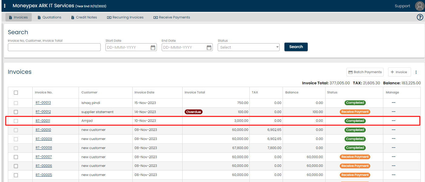 selecting invoice