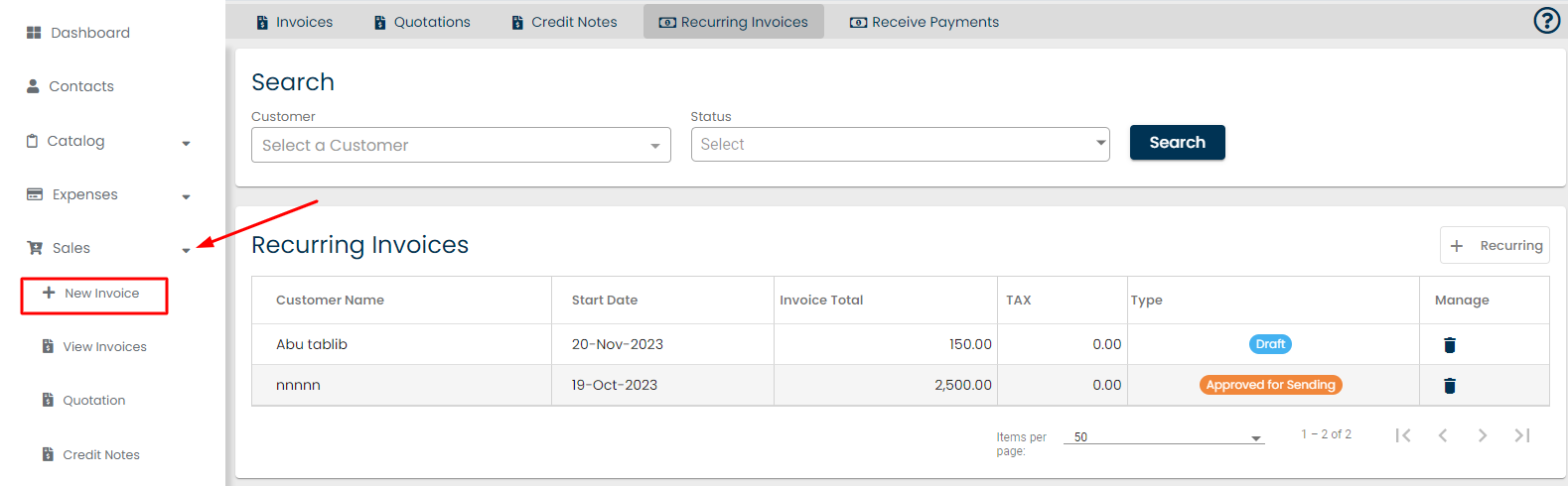 New invoices from left sidebar